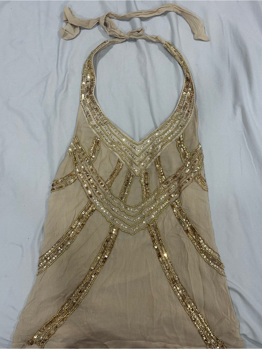 Embellished Halter Top Dress in Tan & Gold